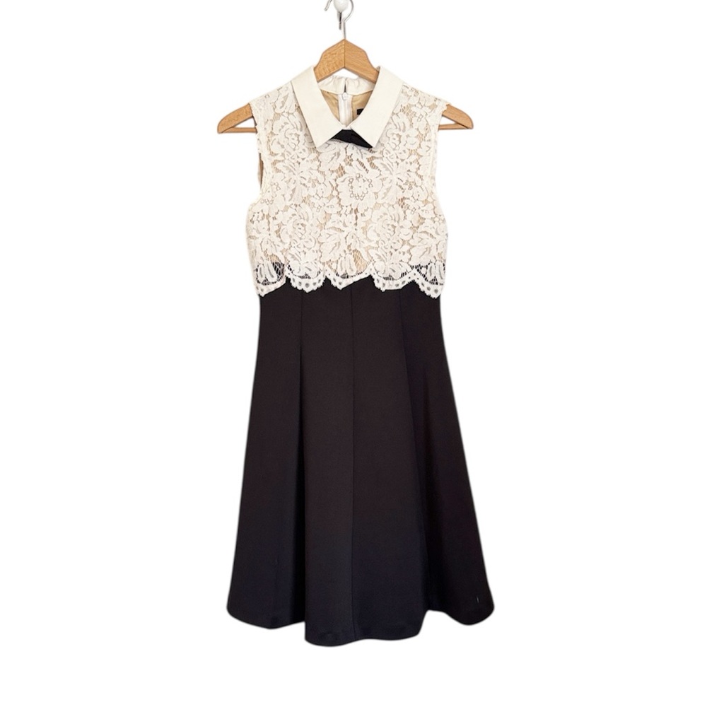 Rue Du Mail Lace White Black Bow Tie Preppy Sleeveless Dress size 2
